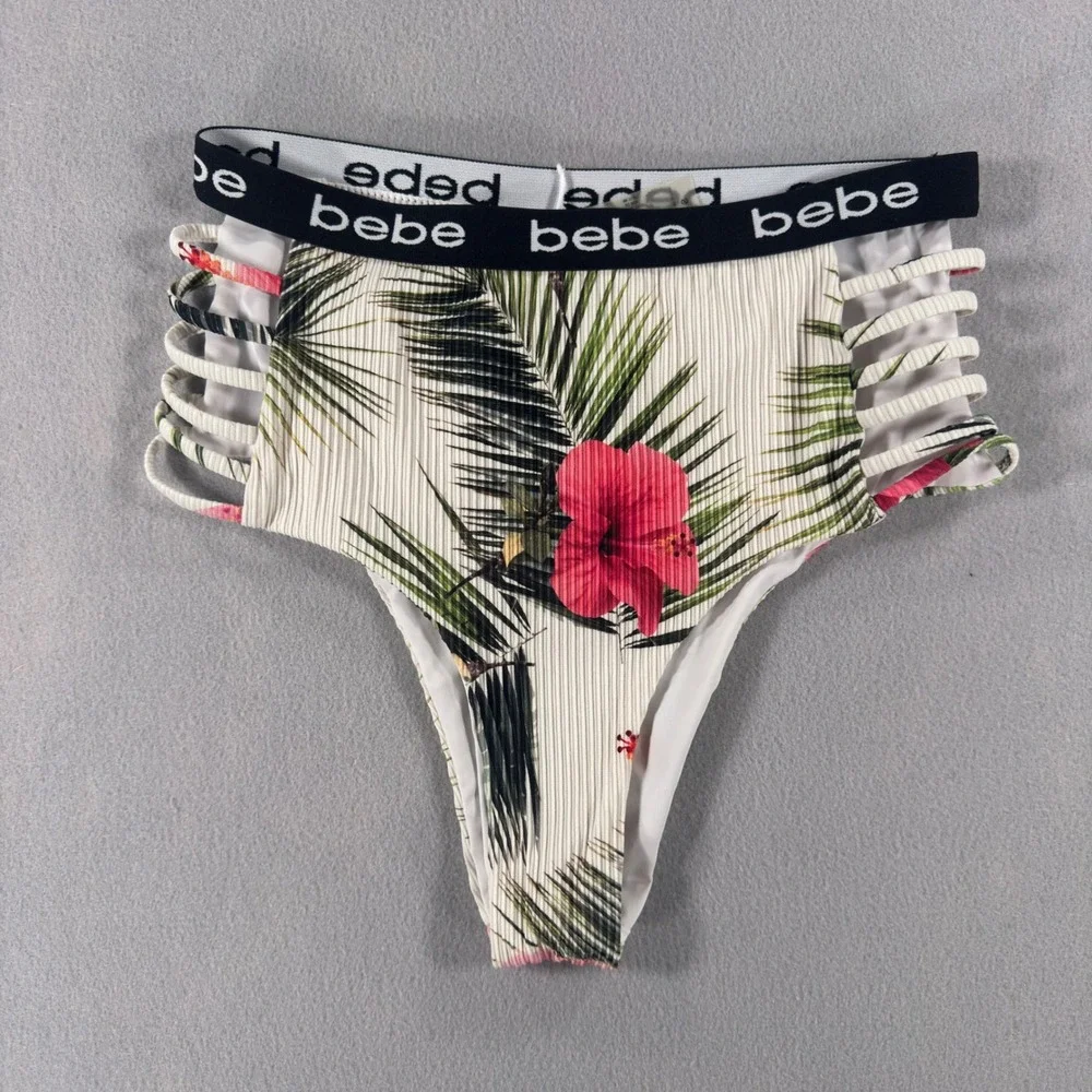 Bebe Women Tropical Floral Ribbed Bikini Set Logo Strappy High Waist White S